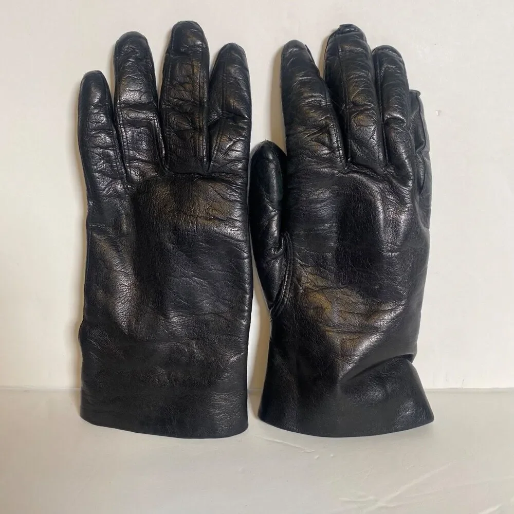 Astor One Italy Black Leather Gloves Rabbit Fur Lined Size 6.5